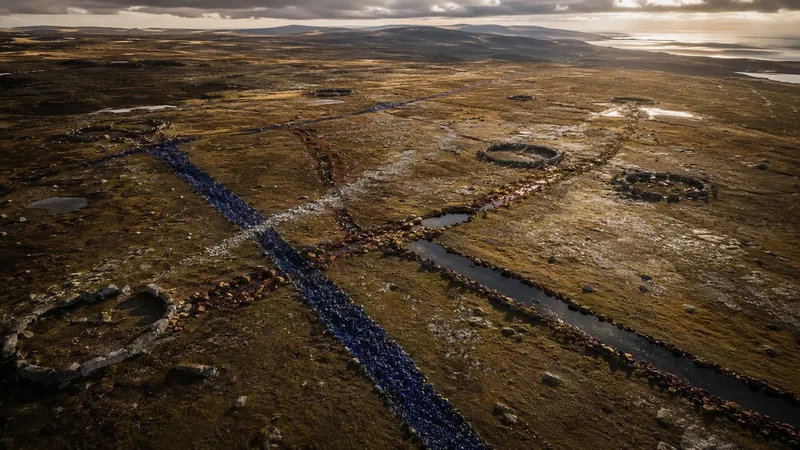 Cobalt glass, chalk, iron and dark water form monumental lines across a windswept plateau, connecting scattered stone structures.