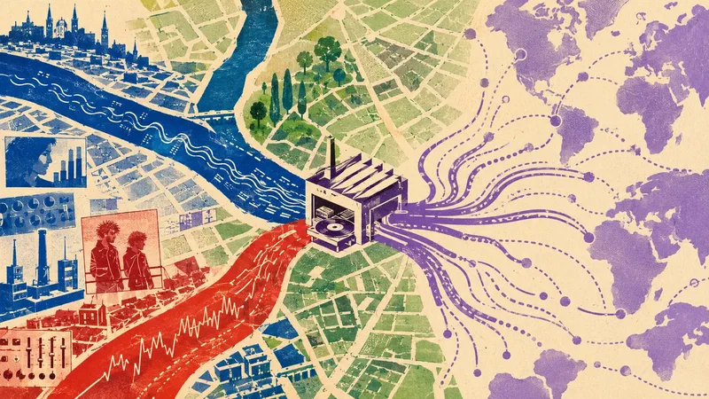 A rough French silkscreen map turns Lyon&rsquo;s two rivers into musical paths that meet at a small independent record workshop and travel outward across the world.