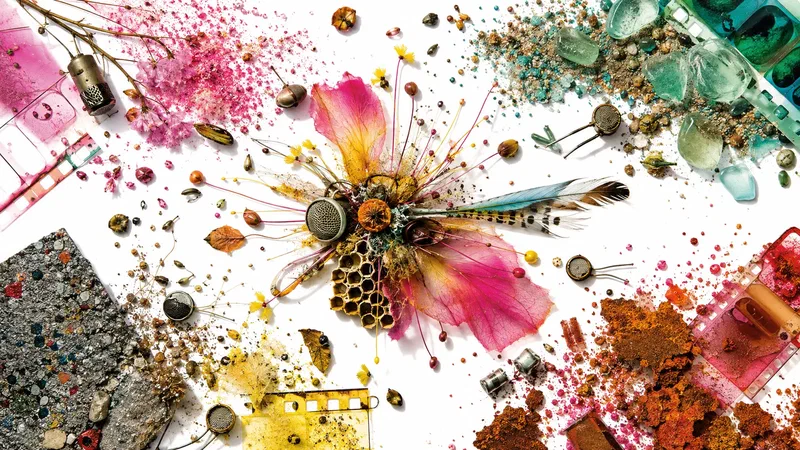 Pressed flowers, sea glass, pavement fragments, microphone capsules, dust and translucent film cross-pollinate into one impossible specimen on a white scanner bed.