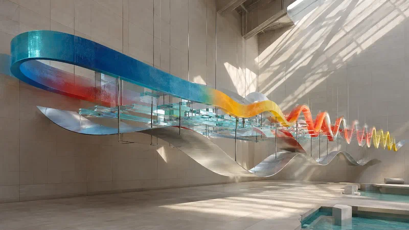 A suspended kinetic sculpture changes from a still translucent ribbon into increasingly rapid waves inside a sunlit museum.
