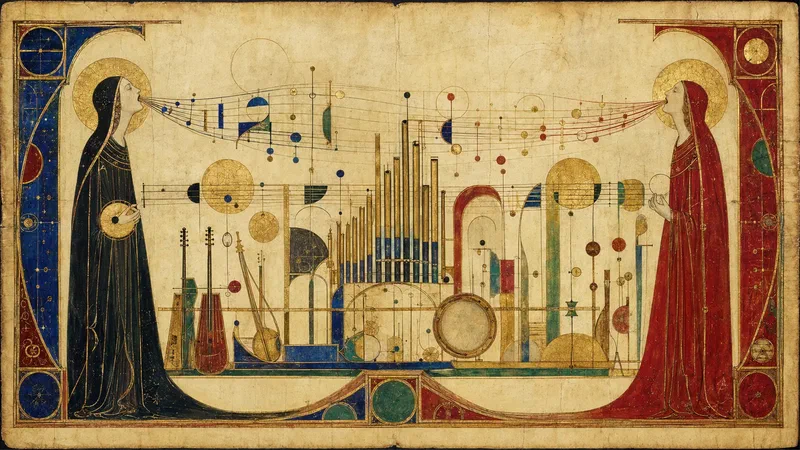 Two symbolic singers build a shared sacred architecture across an illuminated manuscript.