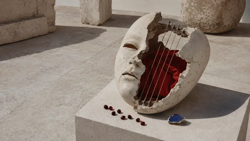 A fractured white ritual mask contains bronze strings and vermilion fabric beneath hard Mediterranean sunlight.