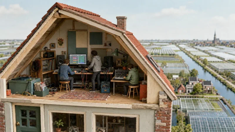 A handcrafted cutaway shows three collaborators making electronic music in an attic above Aalsmeer&rsquo;s canals and greenhouses.