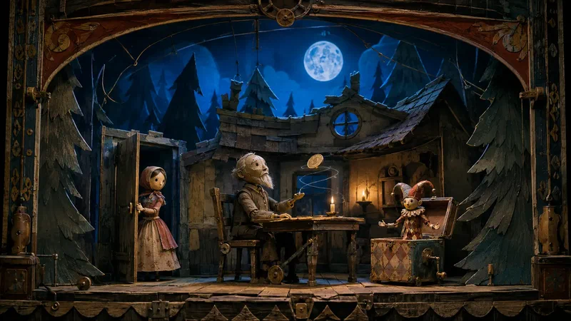 A handcrafted puppet theatre stages the old man, visiting girl, living jester and endlessly spinning coin from Tales of the Coin Spinner.