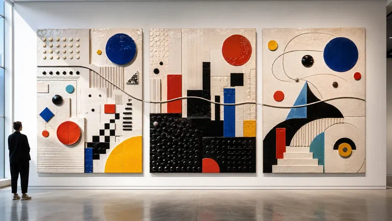 A three-part glazed ceramic mural gives each movement of EE4 a separate visual rhythm while one groove crosses the entire work.