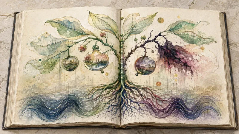 A painted imaginary plant turns bass into roots, melody into a stem, synthesis into leaves and memory into fruit.