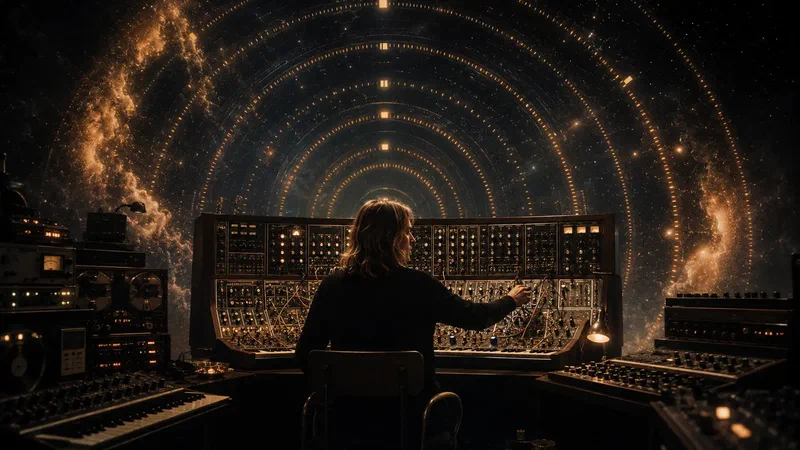 A solitary electronic musician operates a monumental analog synthesizer while concentric amber sequences expand into cosmic space.