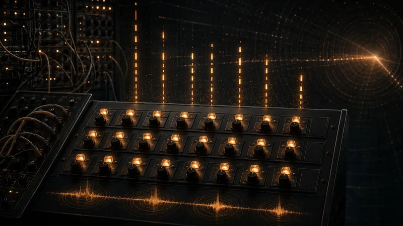 A three-row, eight-step analog sequencer sends amber pitched pulses into a tunnel of repeating time.