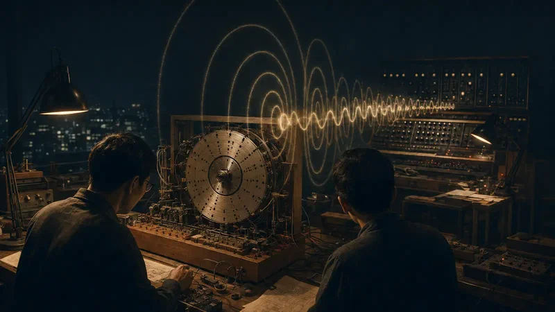 Two engineers examine an electromechanical rhythm machine as its rotating disc becomes a luminous sound wave.