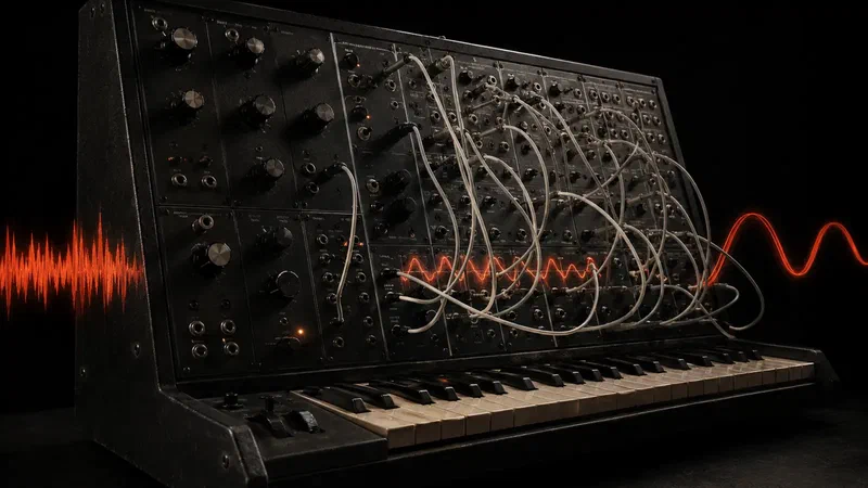 A semi-modular analog instrument appears as a severe black sound laboratory, with patch cables carrying a red waveform through its architecture.