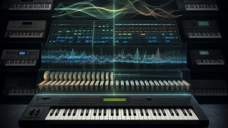 A black workstation projects sampled piano mechanics, waveforms and an eight-lane sequencer as later keyboards recede behind it.
