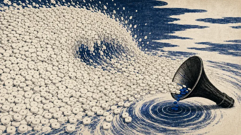 A vast flood of white discs produces only a few blue ripples after passing through the narrow aperture of human attention.
