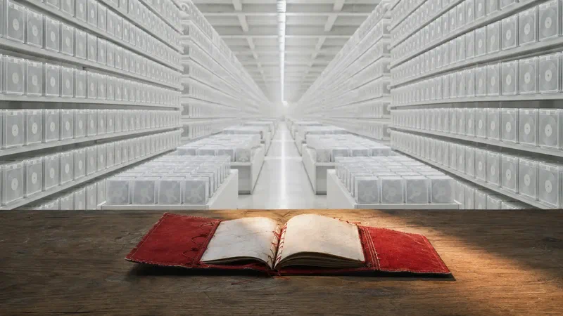 An infinite white archive of interchangeable recordings stands behind one visibly handled, repaired and hand-bound red work.