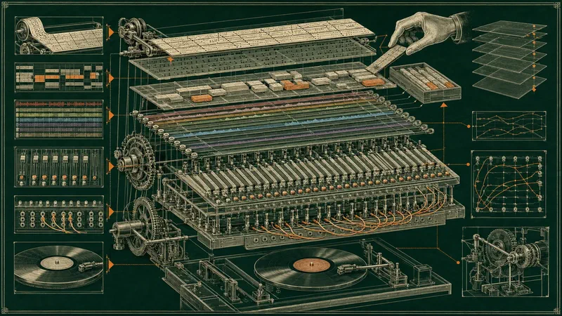 A generative music system is shown as an editable industrial loom of notes, tracks, stems, automation and mixing decisions.