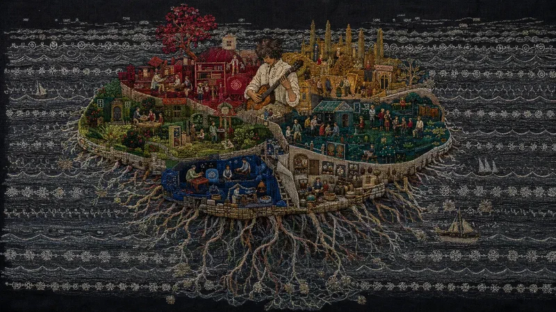 An embroidered island of craft, identity, performance, process, objects and community remains rooted inside an infinite patterned sea.