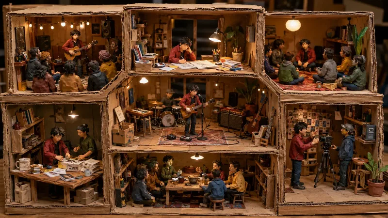 A cardboard ecosystem connects rehearsal, performance, composition, listening, publishing, video and conversation around one continuing artist.