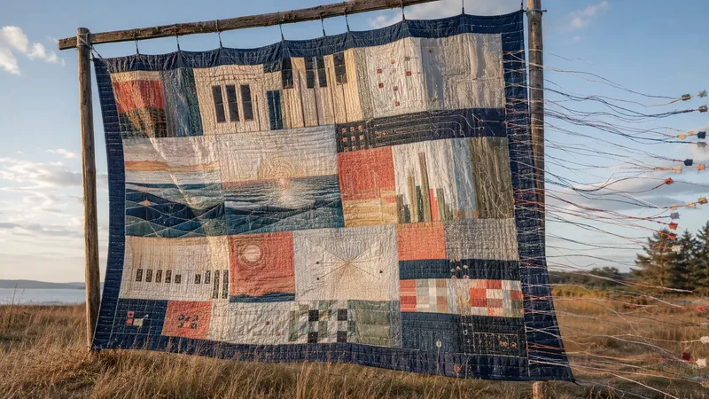 A windblown quilt joins piano intervals, coastal horizons, pulse grids and circuit traces with unfinished threads.