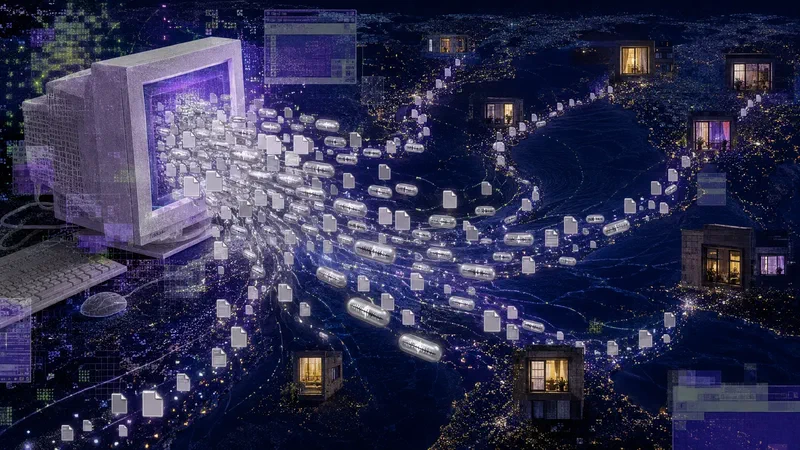 Silver audio files flow from a translucent CRT into illuminated rooms across a nocturnal digital sea.