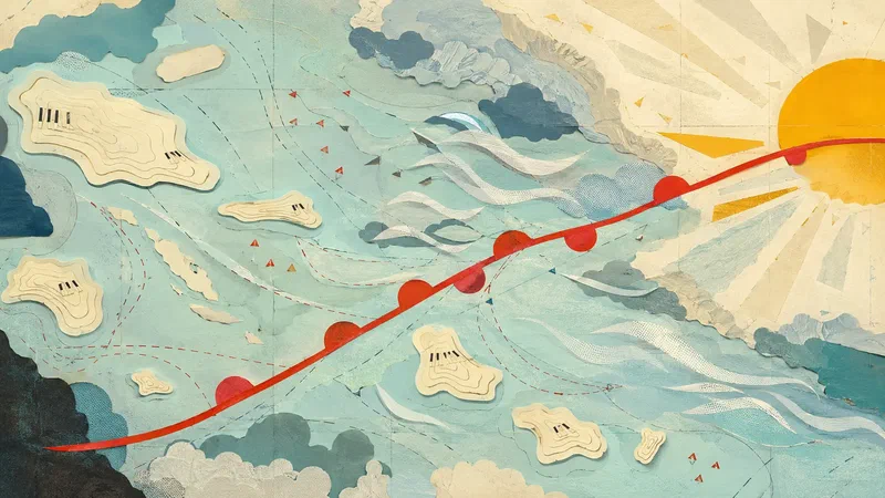 A cut-paper weather chart transforms piano islands, wind streamers and rhythmic pressure into sunrise.