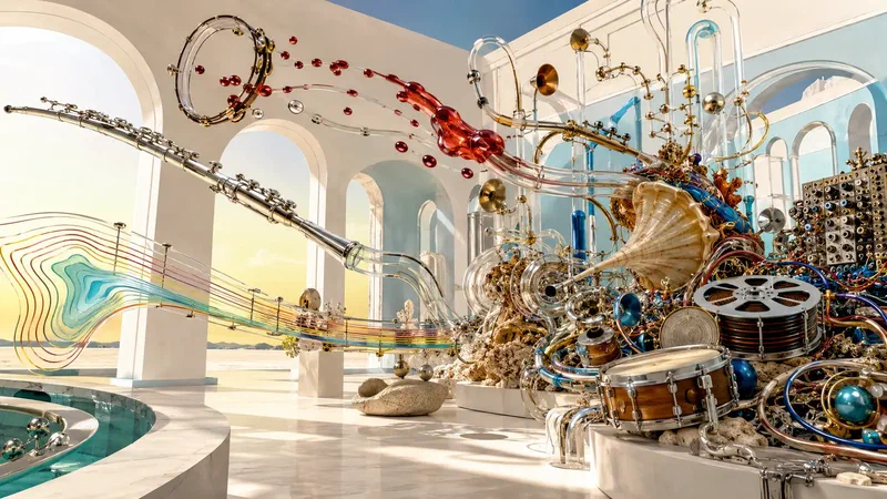 An impossible orchestra of flute, liquid percussion, shells, tape, drums and modular electronics grows through a sunlit museum.