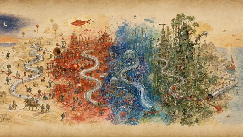 A continuous painted scroll moves from desert to carnival, underwater garden, mechanical forest and dawn coast while one silver river and red thread recur.