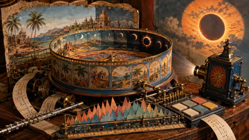 A Victorian optical automaton combines an eclipse, tropical shoreline, silver flute, perforated music strips and an early sampler.