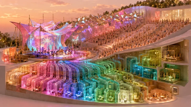 A translucent amphitheatre model reveals dozens of colored signal channels carrying acoustic rooms into a live stage and communal audience.
