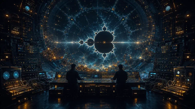 Two electronic artists operate a monumental studio as an amber-and-blue fractal universe opens beyond the console.
