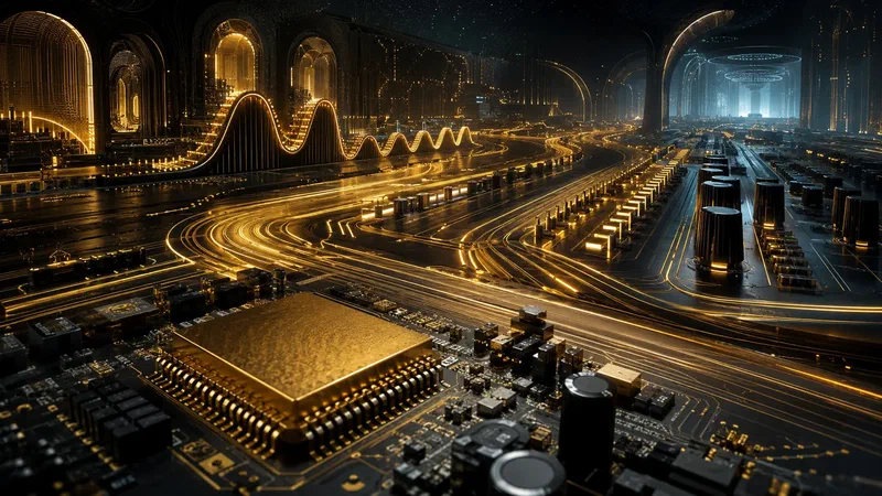 A gold-coated chip board expands into an inhabitable landscape of sequencer paths, rounded waves and electronic arches.