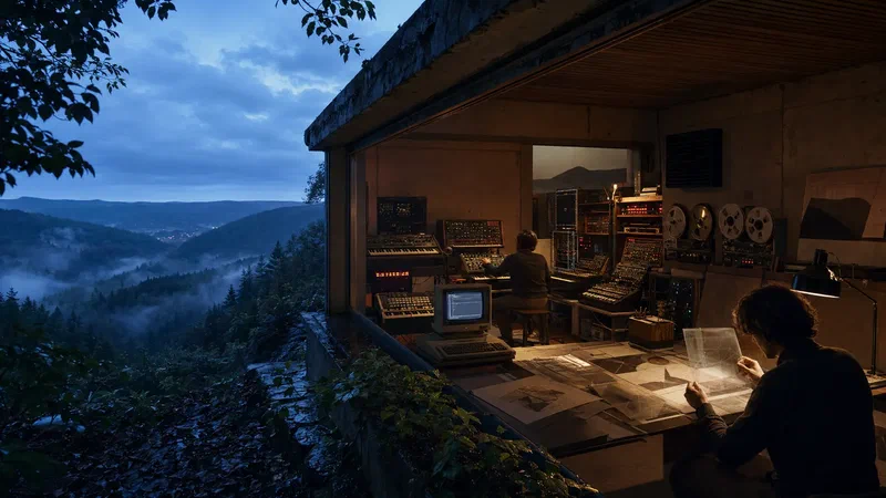 A warm 1980s electronic studio opens directly onto a cool, mist-filled Eifel valley.