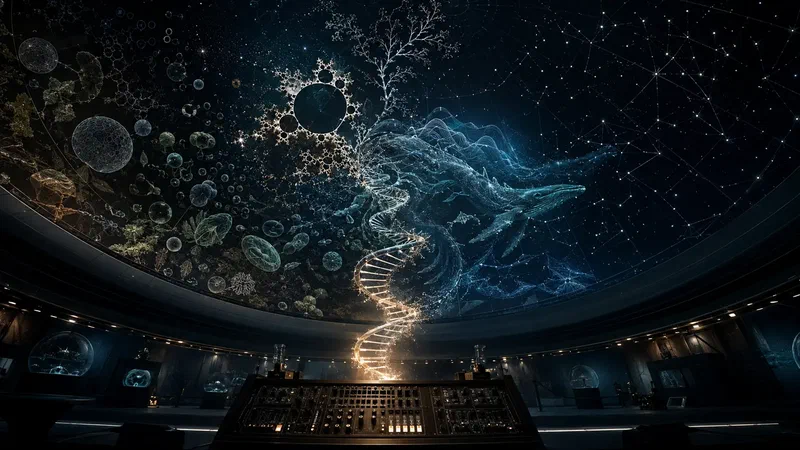 A DNA helix rises from an electronic console and unfolds into fractal life, ocean sound and a planetarium sky.