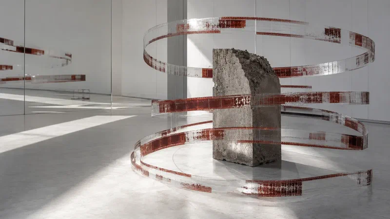 Translucent tape circles an eroded concrete fragment in a white museum gallery.