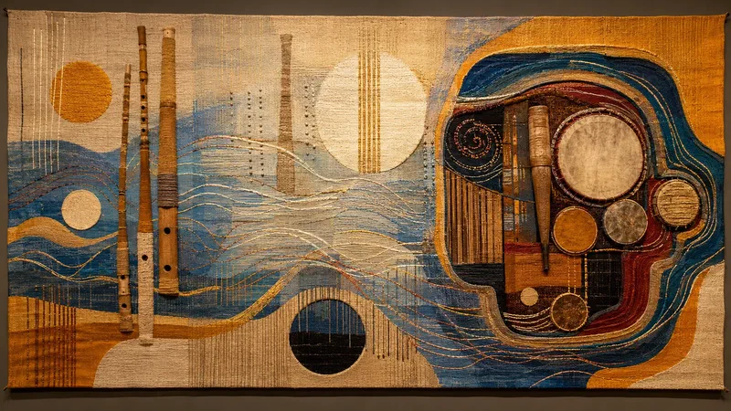 Reeds, drum membranes and electronic wave-lines interlock across a handwoven modernist tapestry.