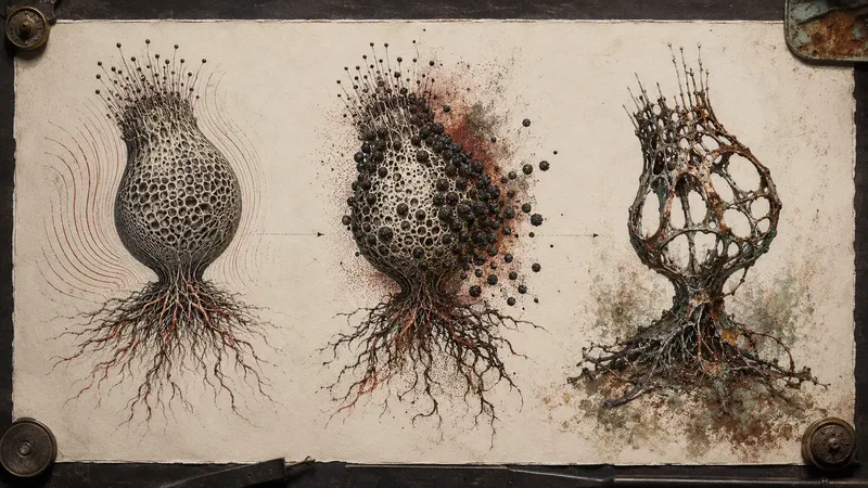 A botanical organism passes through tremor, spore and corroded remainder in a distressed scientific triptych.